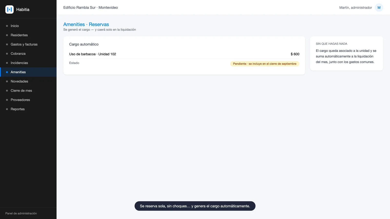 Cargo automático de la reserva de amenity que se incluye en el cierre del mes