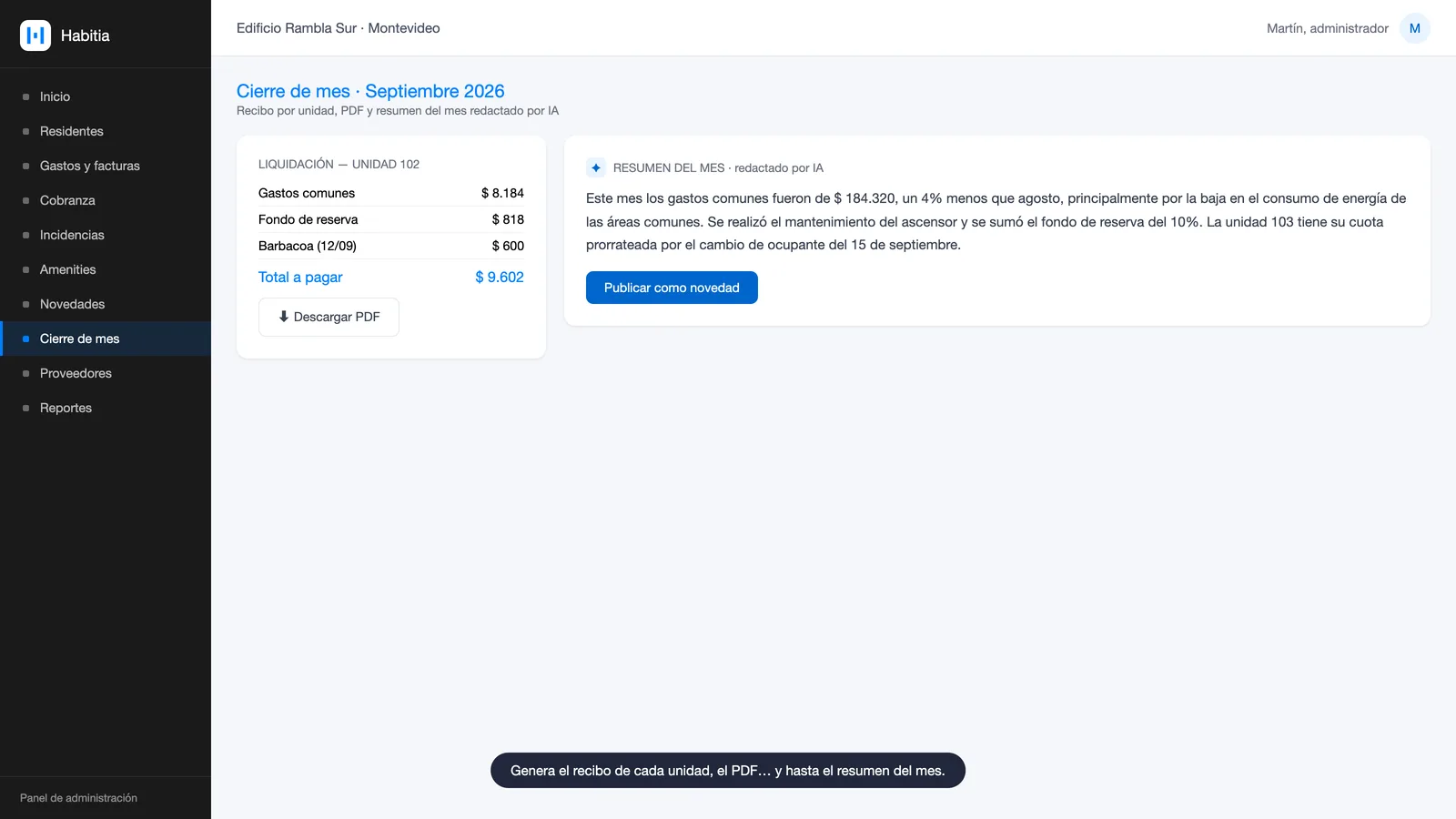 Recibo de una unidad y el resumen del mes redactado por IA en Habitia