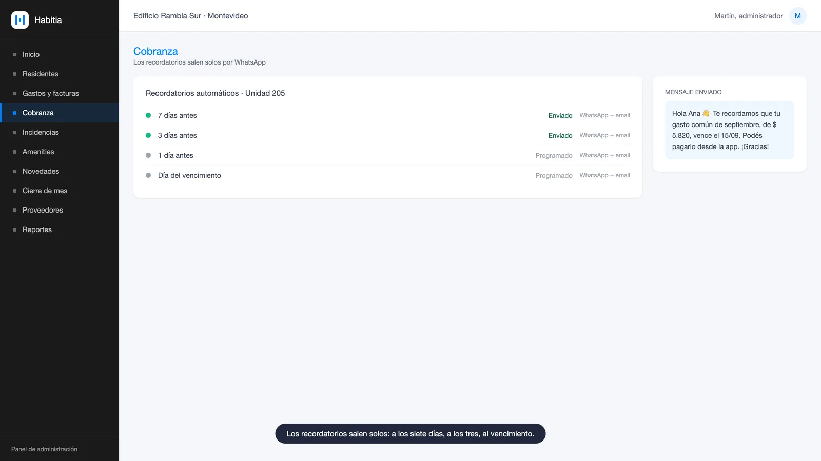Recordatorios de pago automáticos por WhatsApp en Habitia a los 7, 3 y 1 día