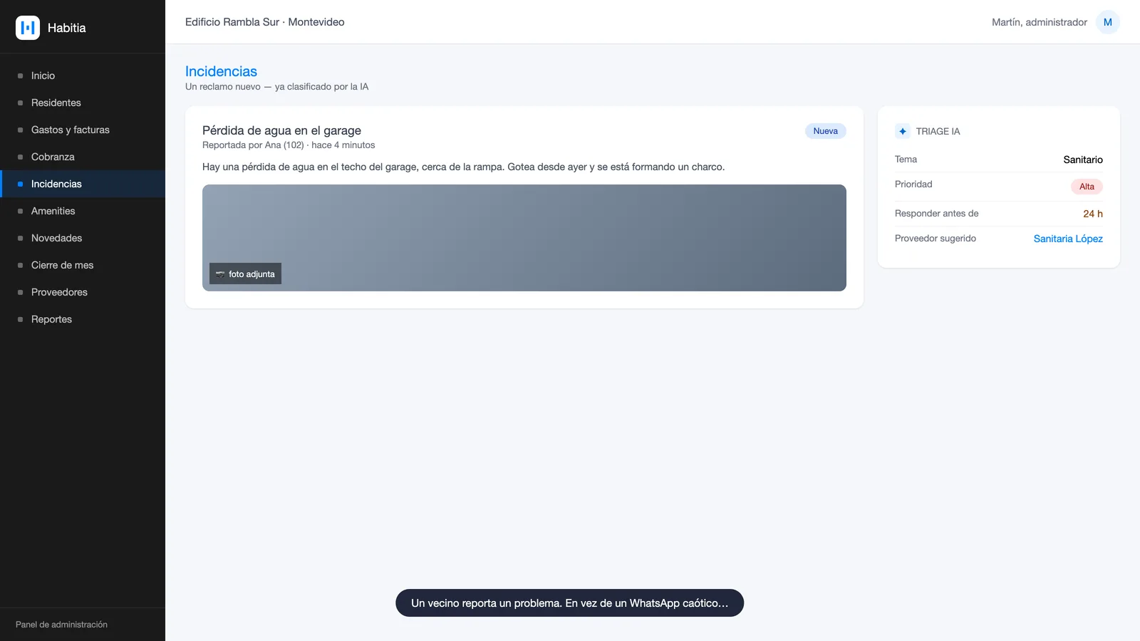 Incidencia nueva en Habitia con el triage de IA: prioridad, SLA y proveedor sugerido