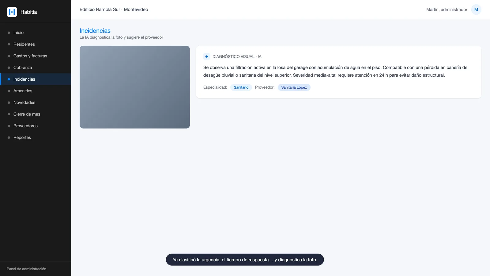 Diagnóstico visual con IA de la foto de una incidencia en Habitia