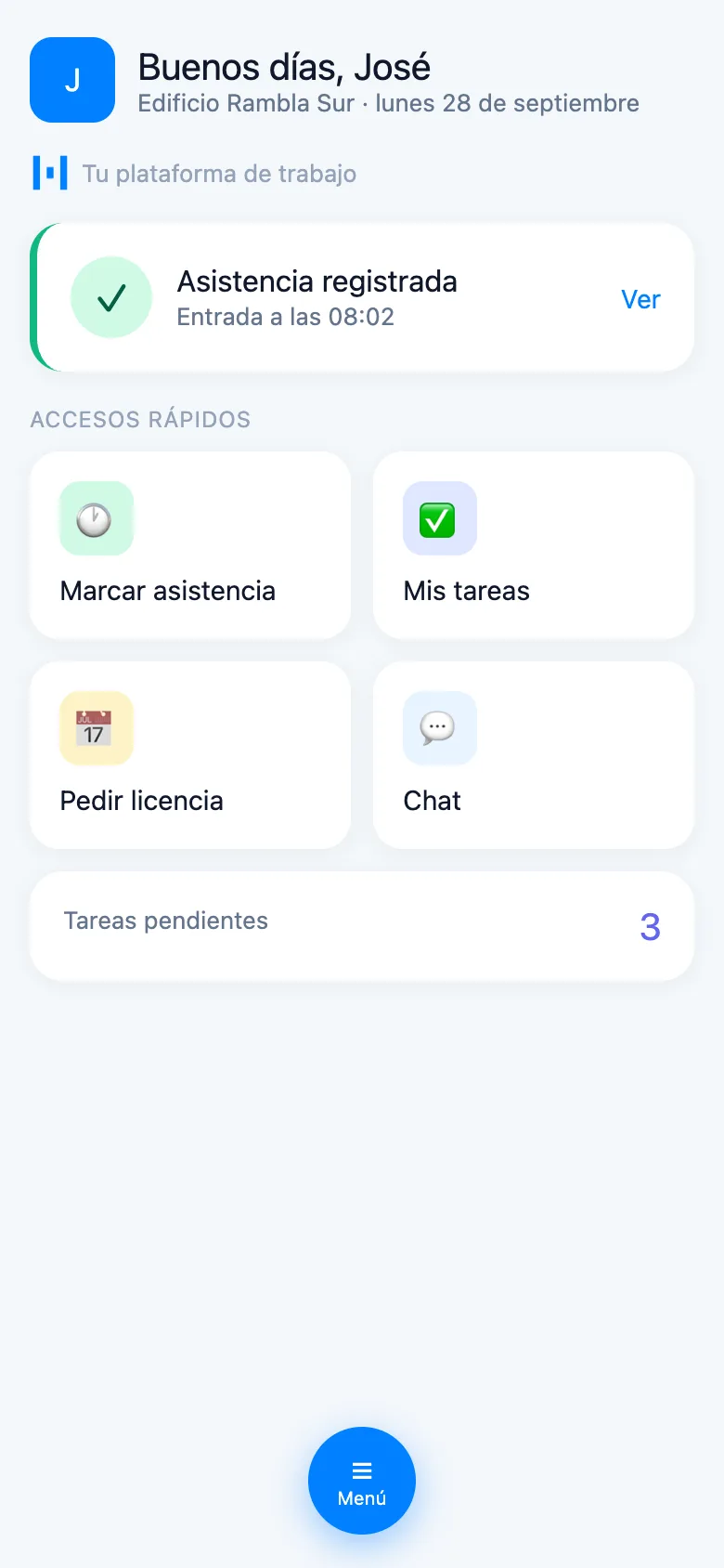 Pantalla de inicio de la app del colaborador del edificio en Habitia
