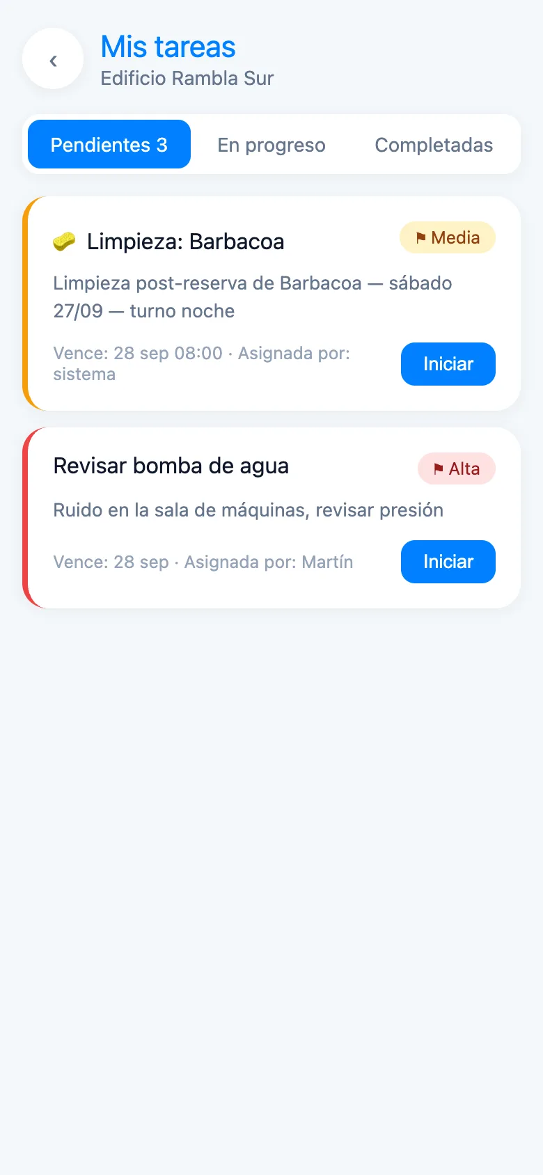 Lista de tareas del colaborador en Habitia, con la limpieza del amenity generada sola