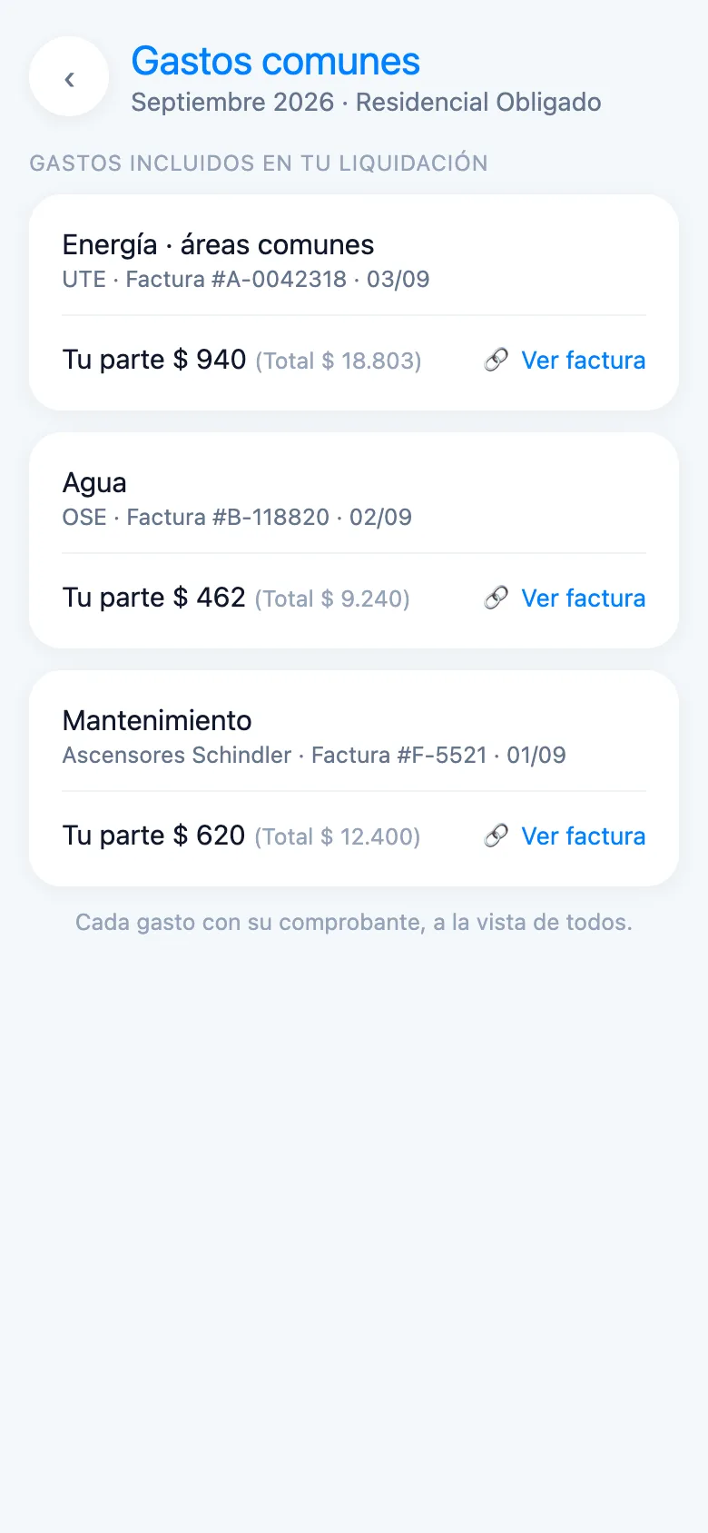 El residente ve en su app los gastos del edificio con el comprobante de cada factura
